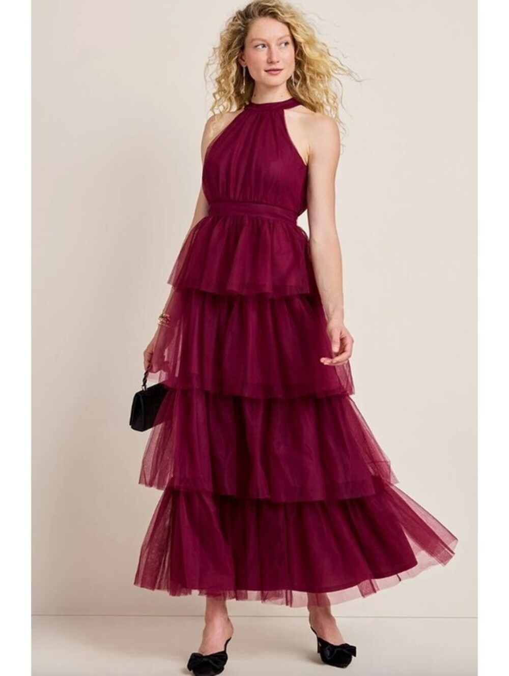 Francesca’s Eleanor Tiered Tulle Maxi Dress Burgundy NWT M